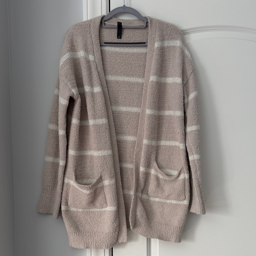 Womens Cardigan Soft Fleece Sweater- Cream and White Stripe- Medium